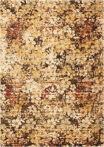 Close-up of the Nourison Rhapsody Beige Gold Indoor Area Rug, featuring a distressed floral pattern in beige, gold, red, and brown.