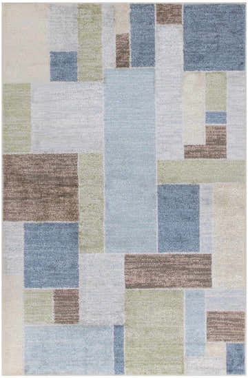 Machine-made Nourison Astra rug with a geometric pattern in blue, green, brown, and beige. Mid-century modern style.
