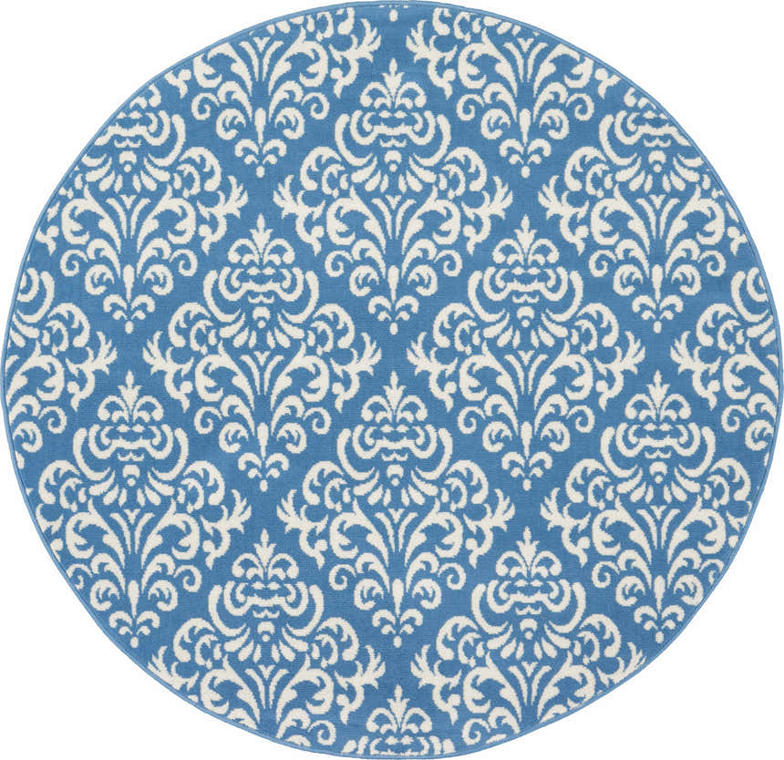 Close-up of a round Nourison Grafix Blue Vintage Area Rug featuring an ornate white damask pattern.
