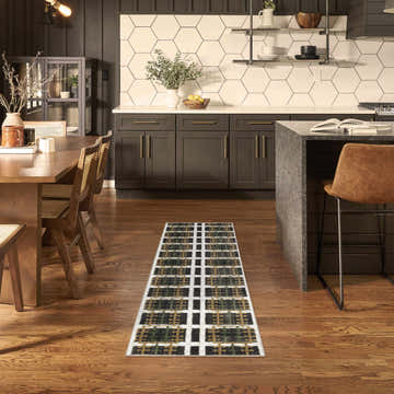 Modern kitchen and dining area with Nourison Nordic Charcoal Multicolor runner rug.