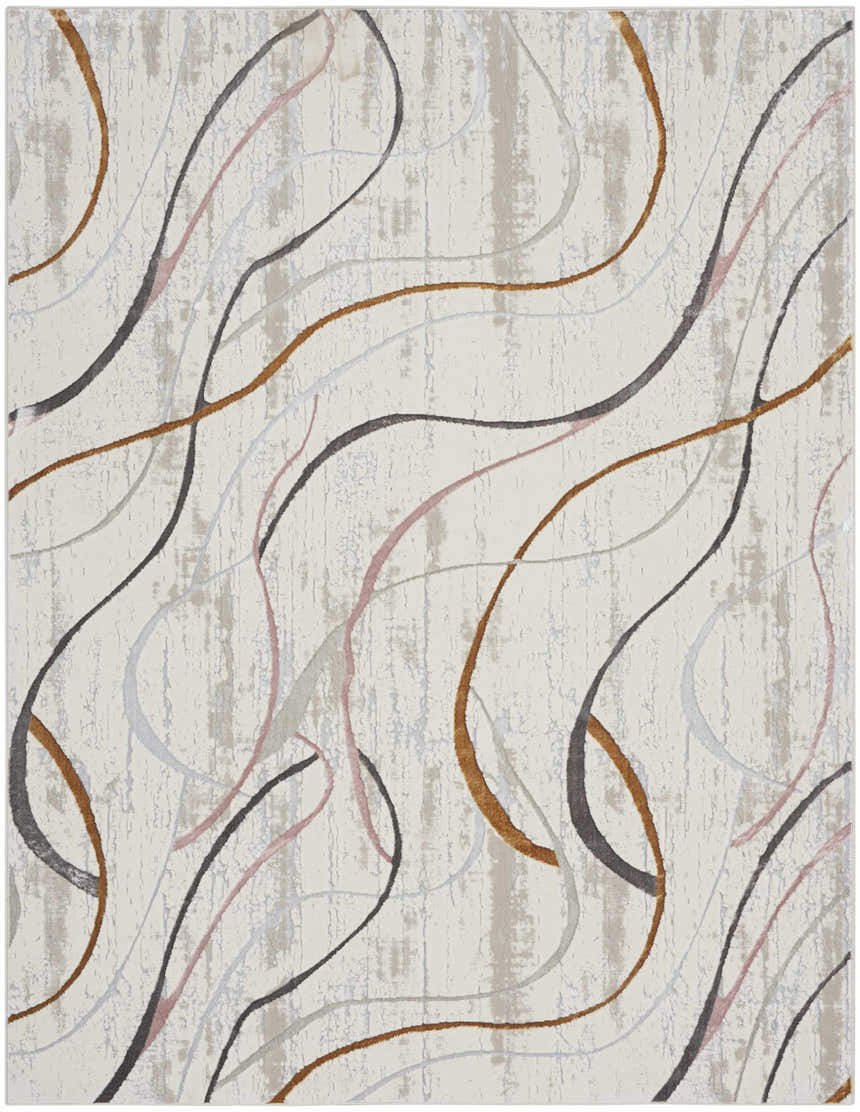Close-up of Nourison Glitz Ivory Multicolor rug. Modern design with chestnut, gray, pink, and white swirling lines.