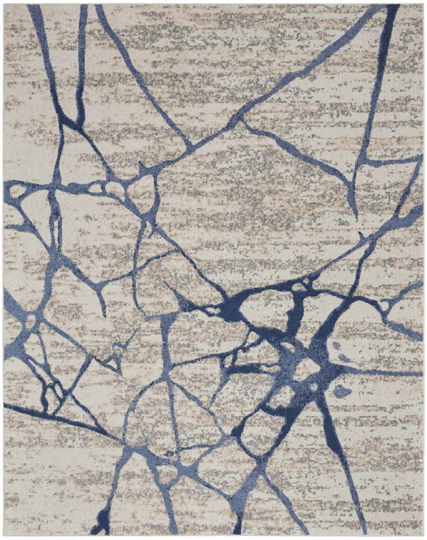 Close-up of Calvin Klein River Flow Ivory Blue Rug. Abstract blue lines on ivory and chestnut background.