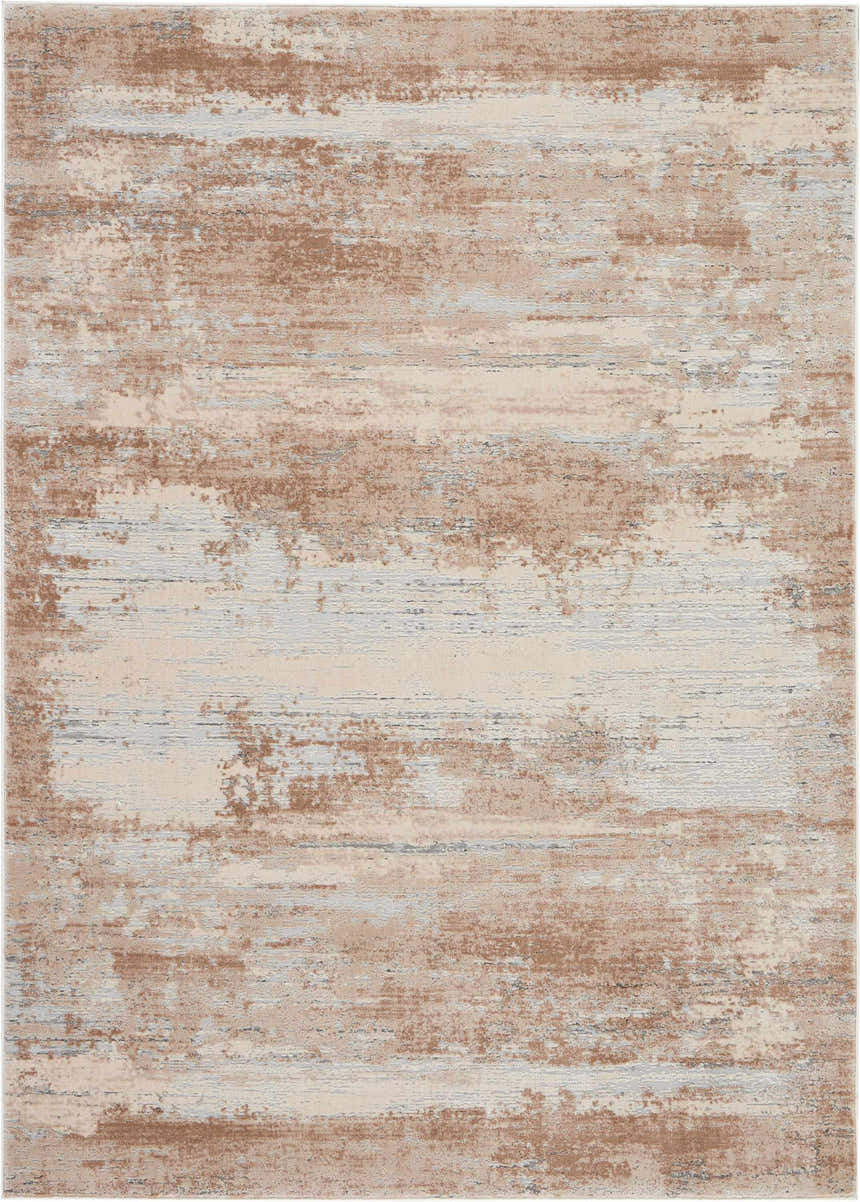 Close-up of the Nourison Rustic Textures Beige rug. Modern design with beige, tan, and gray distressed horizontal lines.