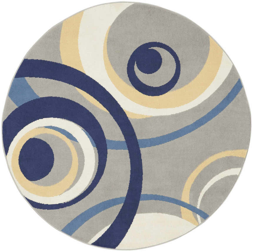 Round Nourison Grafix Grey rug with a mid-century modern design. Features blue, yellow, and white concentric circles.