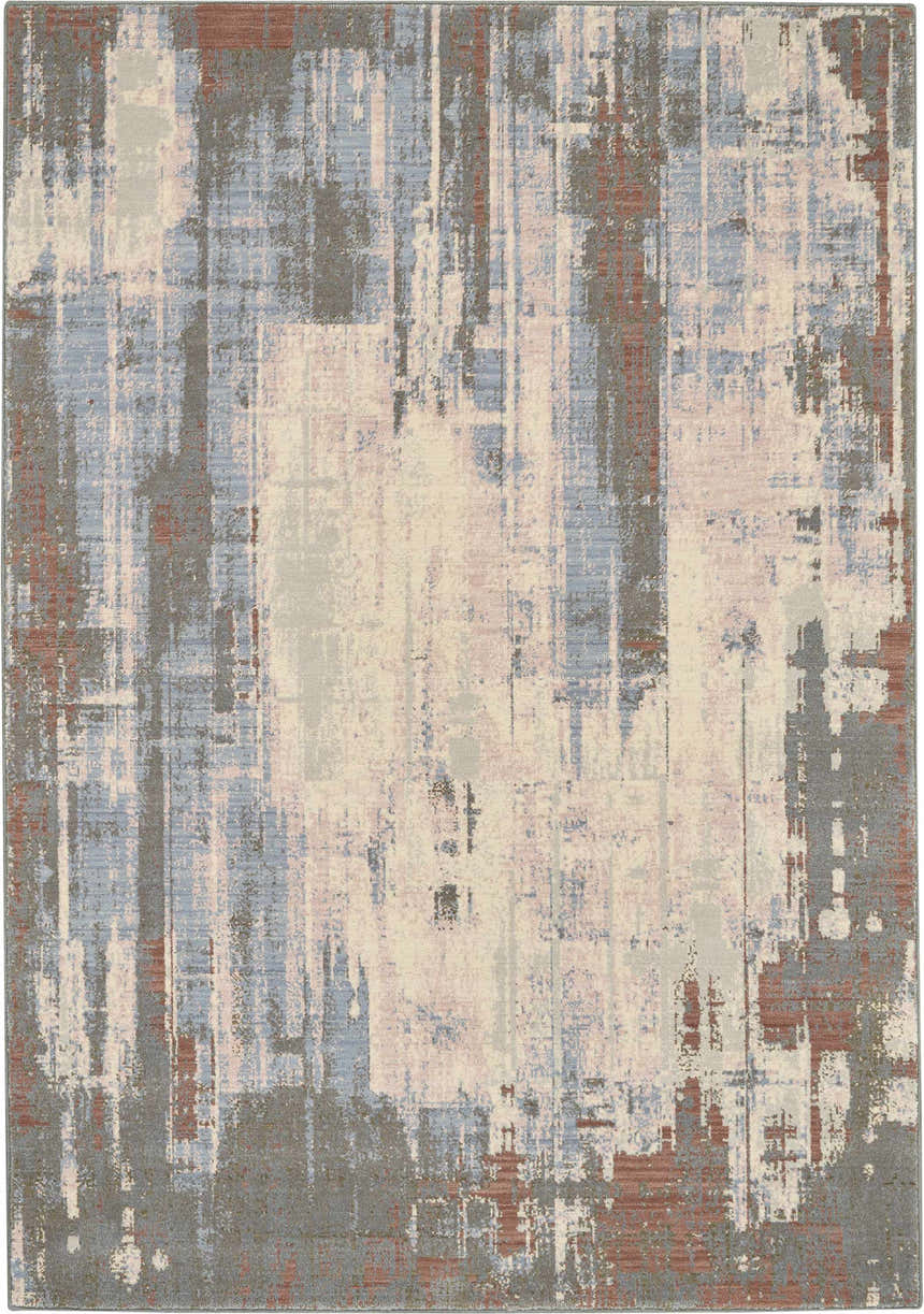 Close-up of the Nourison Artworks Multicolor rug, featuring a modern abstract design in blue, gray, cream, and terracotta.