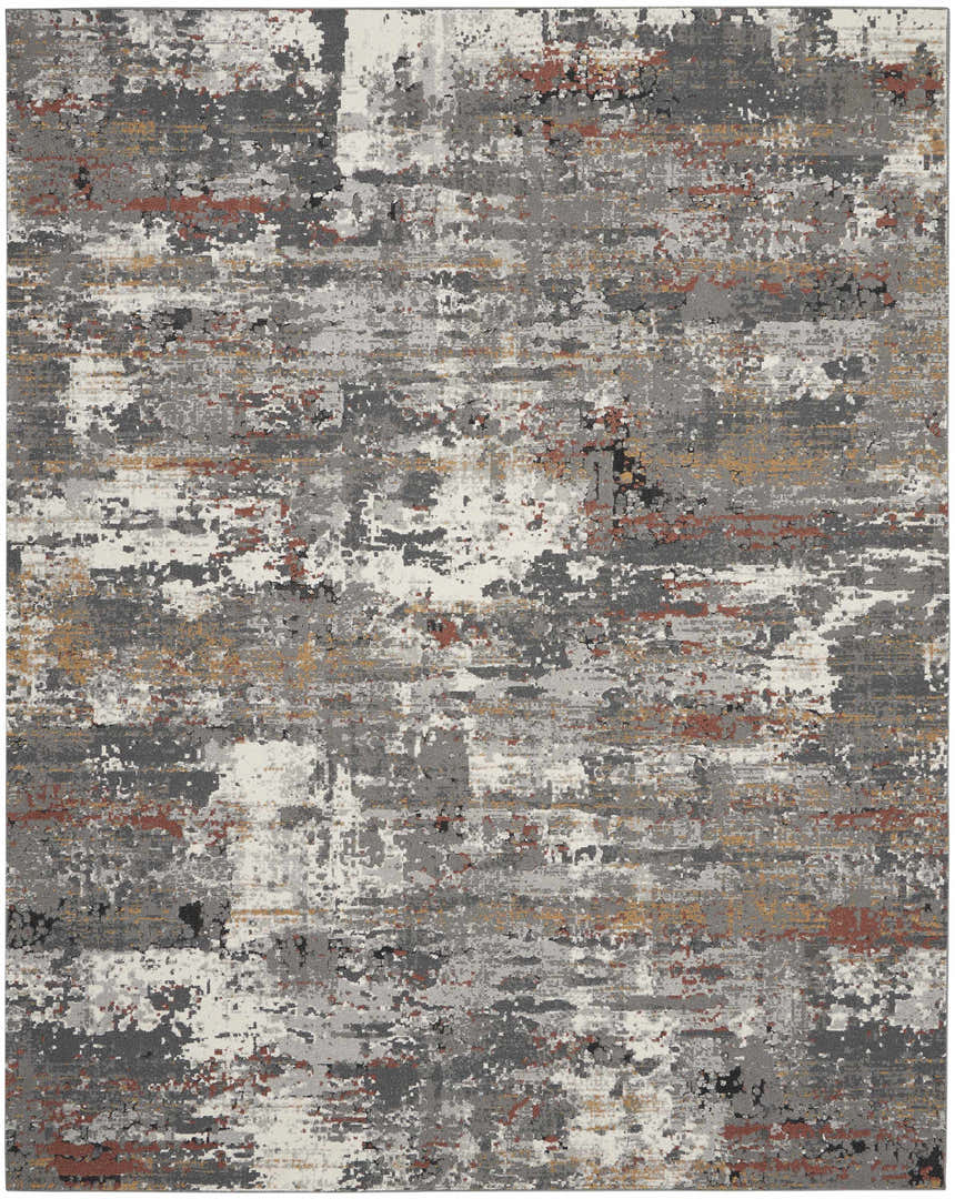 Close-up of the Nourison Tangra Grey Multicolor rug. Modern design with gray, white, rust, and gold tones.