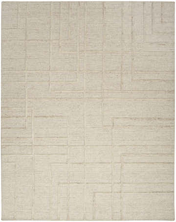 Close-up of the Calvin Klein CK045 Impressions Sand rug. Handmade wool rug with a geometric, mid-century modern design.