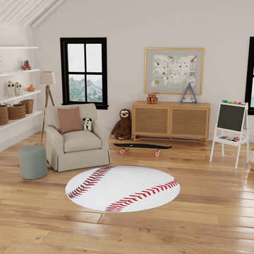 Kids room with a Nourison Imagination White Kids Area Rug, baseball design, on wood floor.