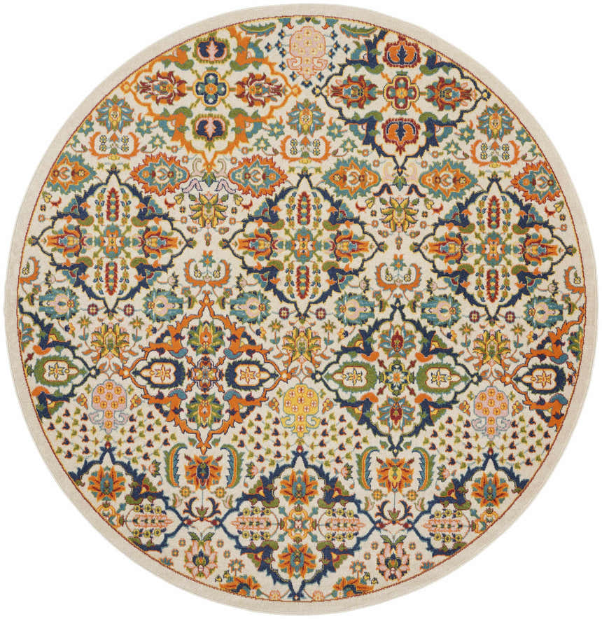 Close-up of the round Nourison Allur Ivory Multicolor rug. Features a detailed bohemian floral pattern in chestnut, orange, blue, and green.
