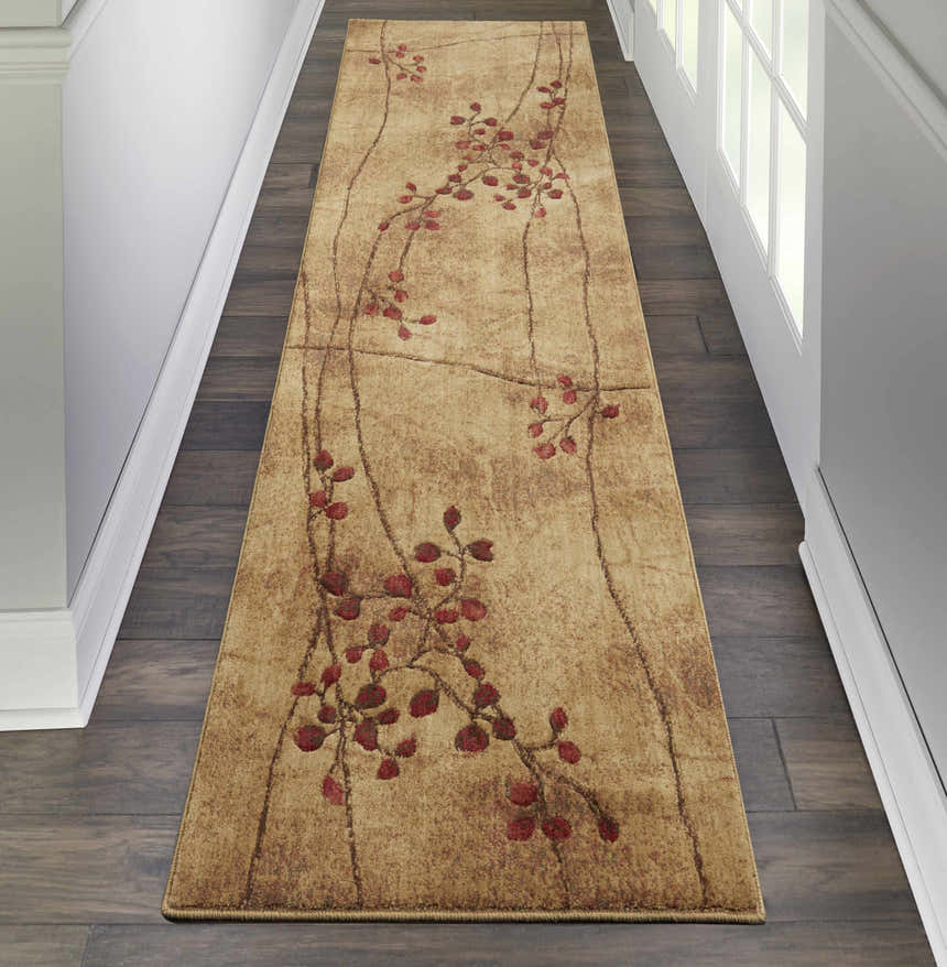 Hallway scene with Nourison Somerset Latte rustic runner rug featuring a floral branch design.