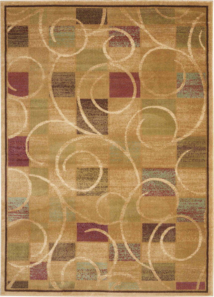Close-up of Nourison Expressions Beige rug featuring a modern geometric pattern with squares and swirling lines.