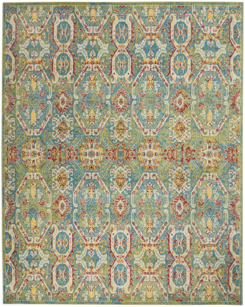 Detailed view of the Nourison Allur Turquoise Multicolor Bohemian Area Rug, featuring a vibrant geometric pattern.