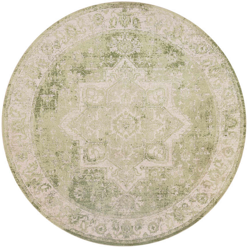 Close-up of a round Nourison Astra Ivory Green Vintage rug with a faded floral medallion pattern.