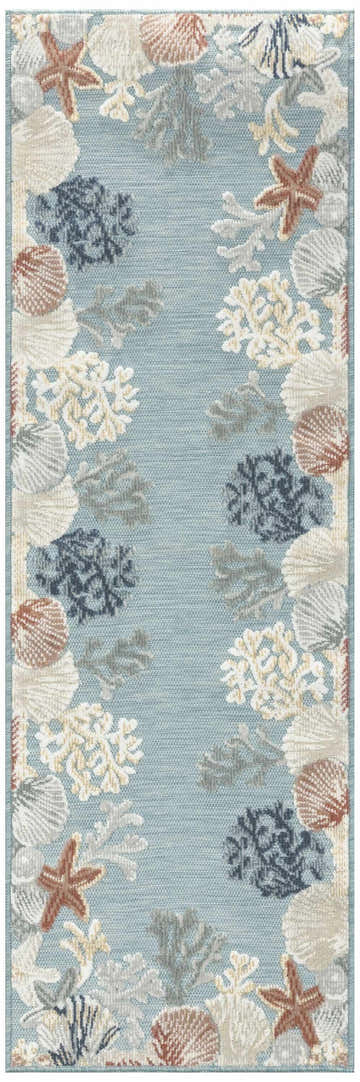 Close-up of Nourison Suncoast Teal Multicolor rug featuring a coastal pattern with seashells, coral, and starfish.
