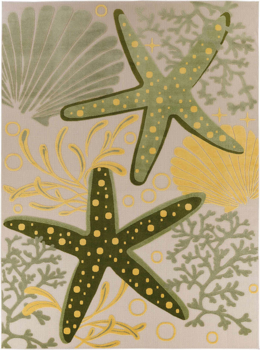 Close-up of Nourison Aloha Green Yellow Outdoor Area Rug with starfish, coral, and shell pattern.