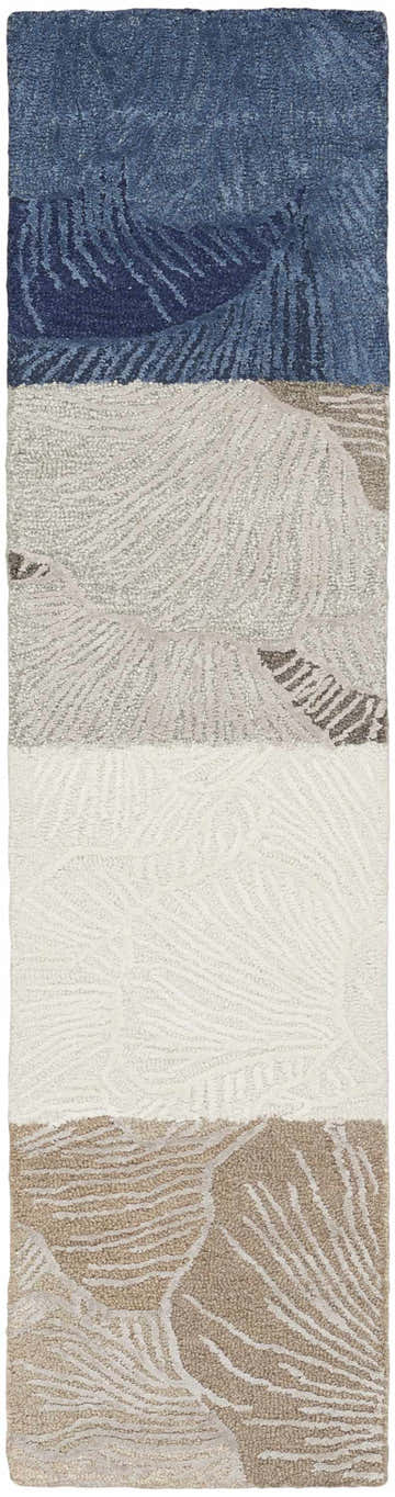Close-up of Nourison Avra Blanket Modern Indoor Area Rug; runner shape with blue, gray, white, and beige abstract pattern.