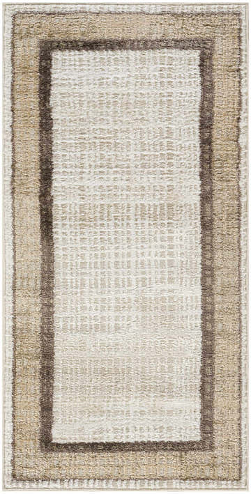 Close-up of the Nourison Dekor Ivory Brown rug, a modern high-pile rug with a chestnut border and subtle geometric pattern.