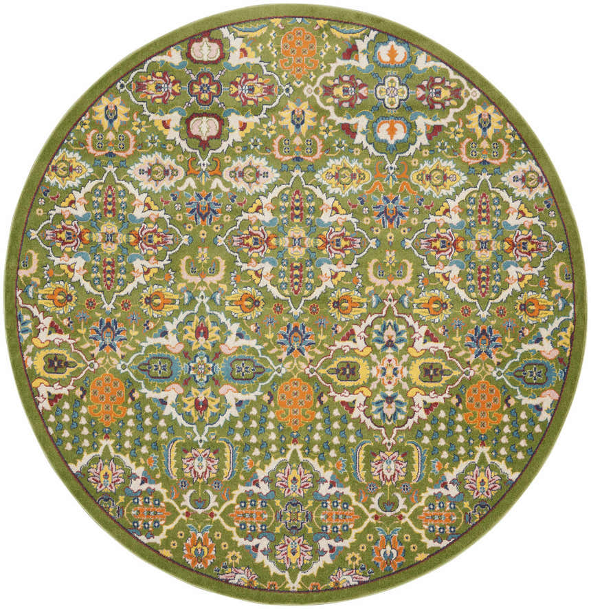 Close-up of round Nourison Allur Sage Ivory rug. Features a green background and colorful bohemian-inspired floral patterns.