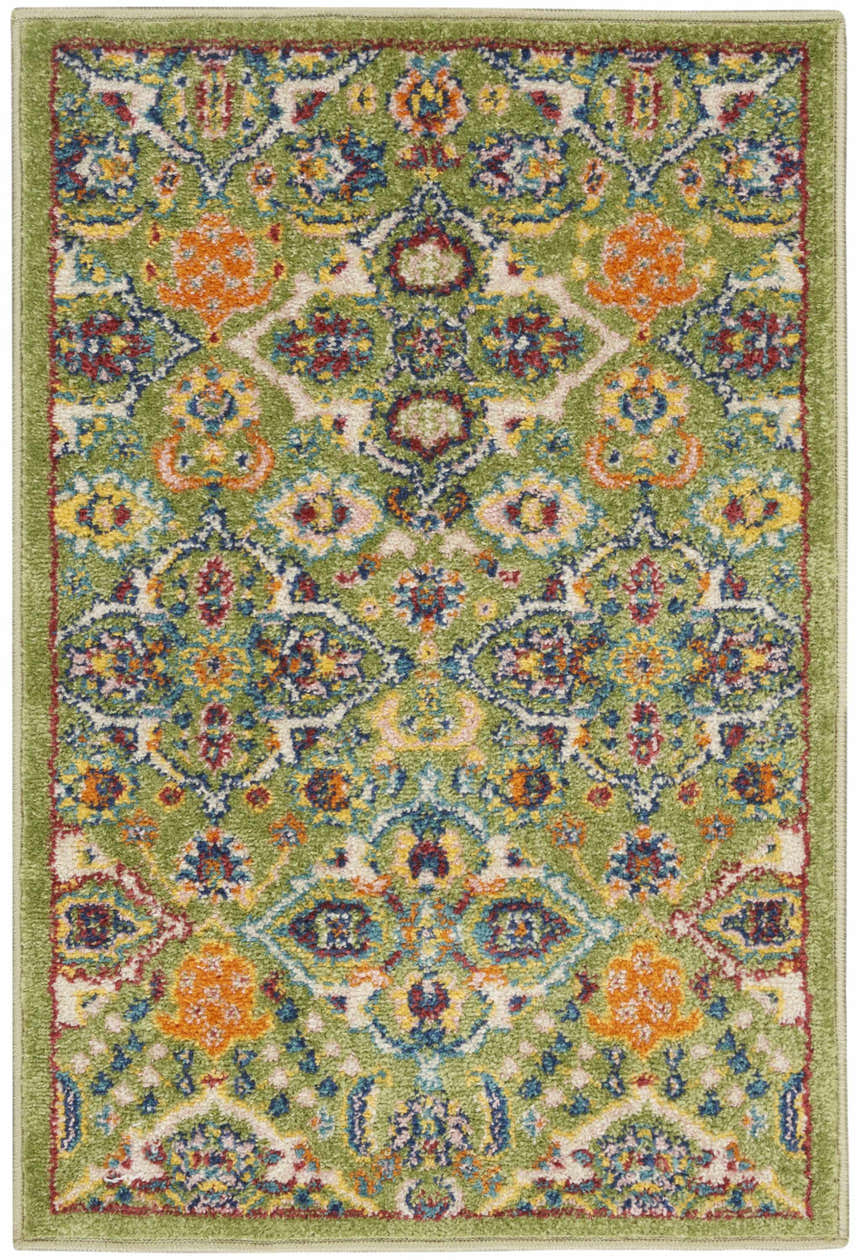 Close-up of the Nourison Allur Sage Ivory rug. Features a detailed bohemian pattern in sage, ivory, orange, blue and yellow.