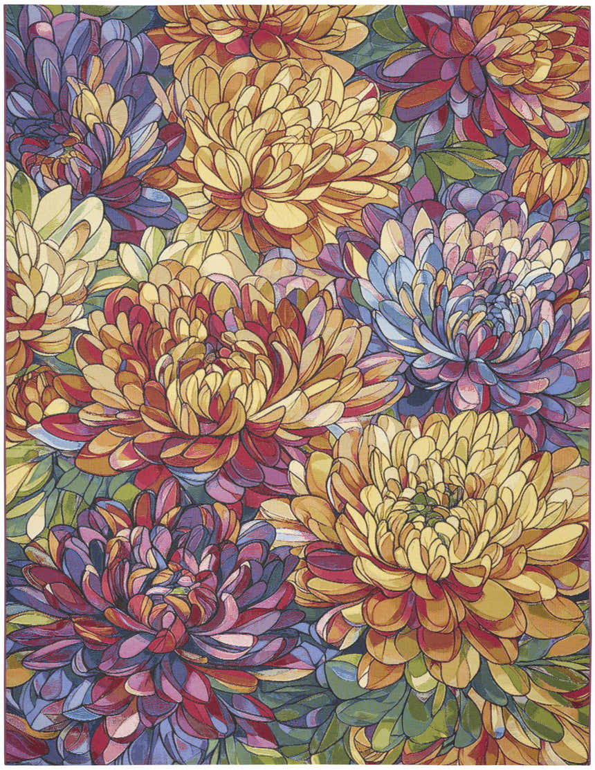 Close-up of the Nourison Color Splash Multicolor Outdoor Area Rug featuring a vibrant floral chrysanthemum pattern.