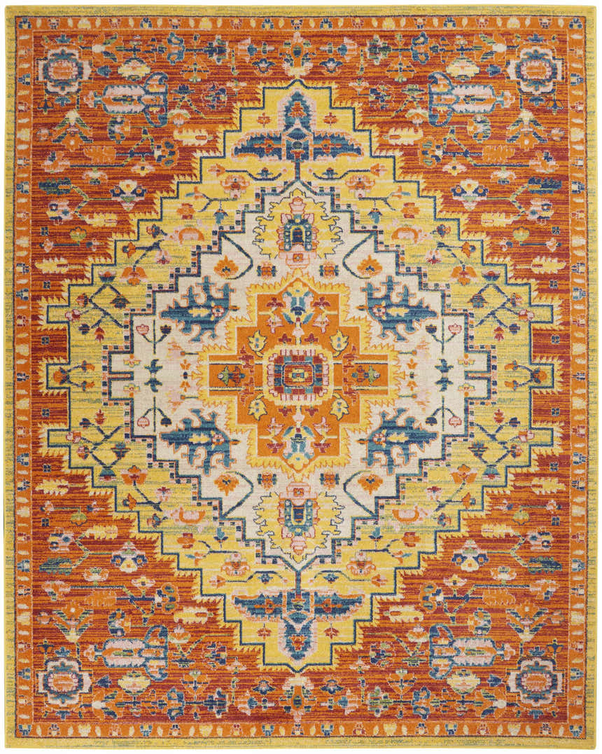 Detailed Nourison Allur Red Multicolor Bohemian Area Rug with floral and geometric patterns.