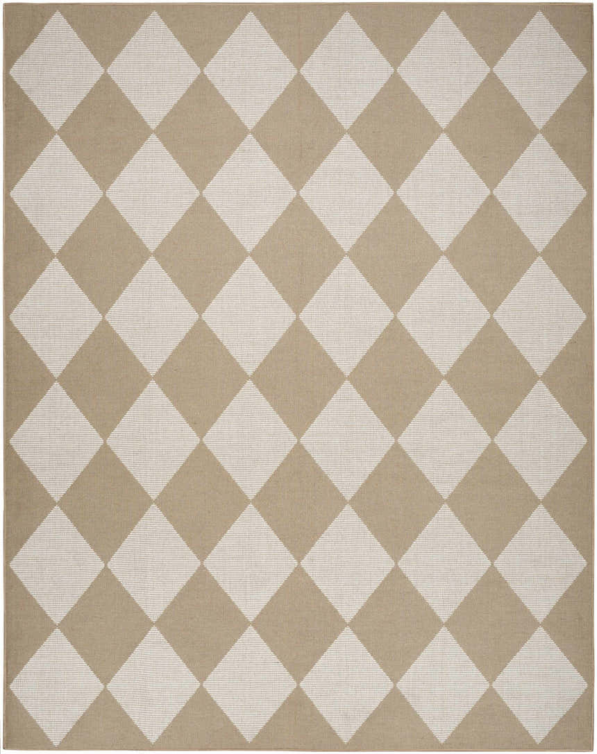 Close-up of Nourison Modern Jute rug in natural ivory with a chestnut diamond pattern. Machine-made texture.