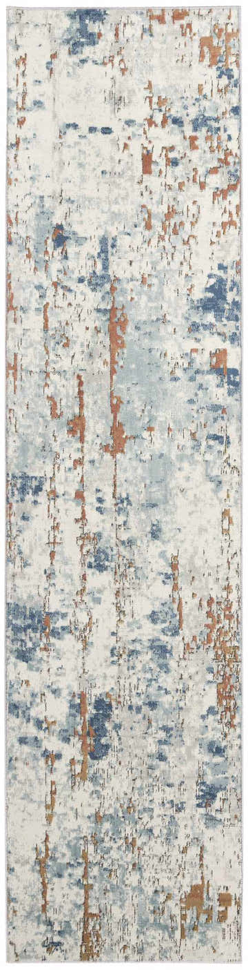 Close-up of Nourison Quarry Beige Blue Rust Rug. High pile, mid-century modern design with abstract patterns.