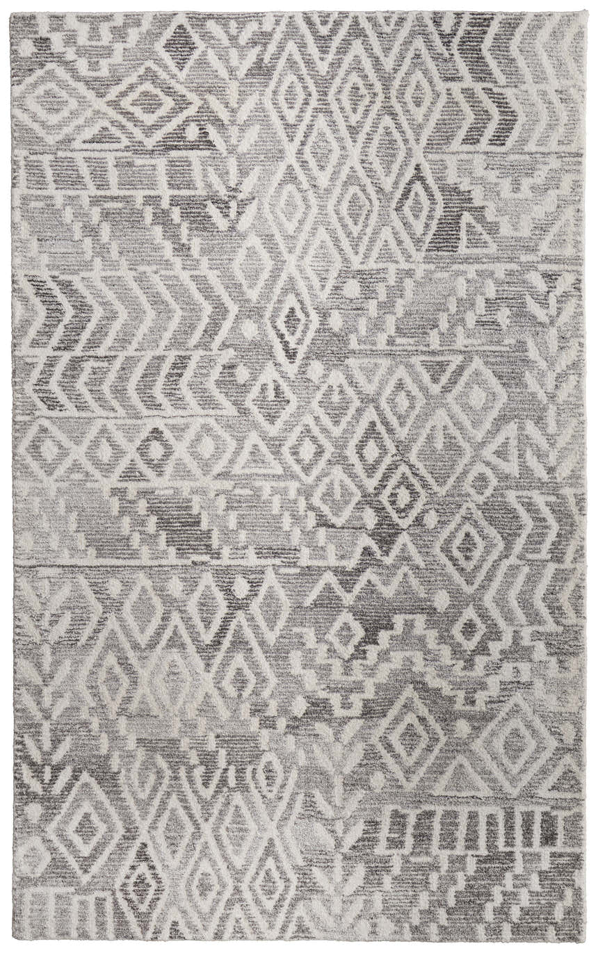 Close-up of Feizy Asher Gray and White rug. Transitional style with a distressed diamond and geometric pattern. Design-Rectangle-281