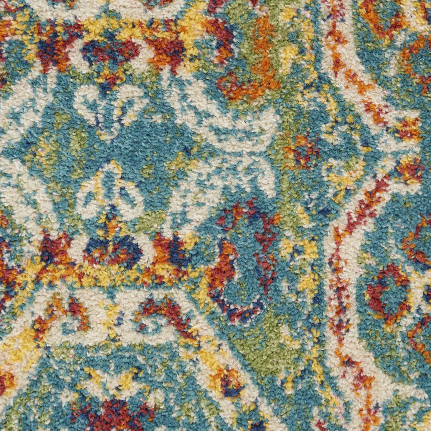 Close-up of the Nourison Allur Turquoise Multicolor Bohemian Area Rug, showing the textured pile and vibrant colors.