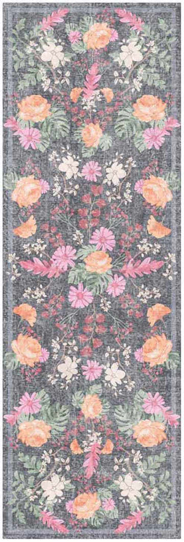 Close-up of Nourison Botanical Charcoal Multicolor rug featuring a floral pattern with pink, orange, and white flowers.