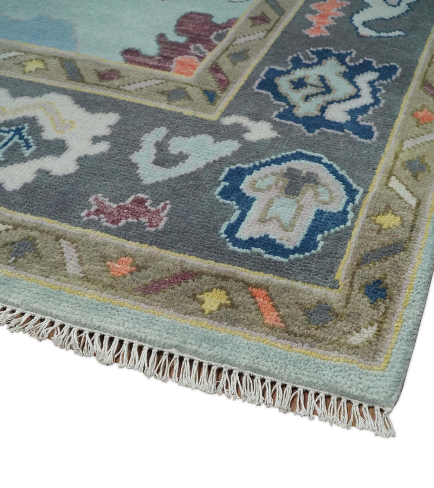 Custom Made Blue and Gray Hand Knotted Traditional Oushak Wool Area Rug