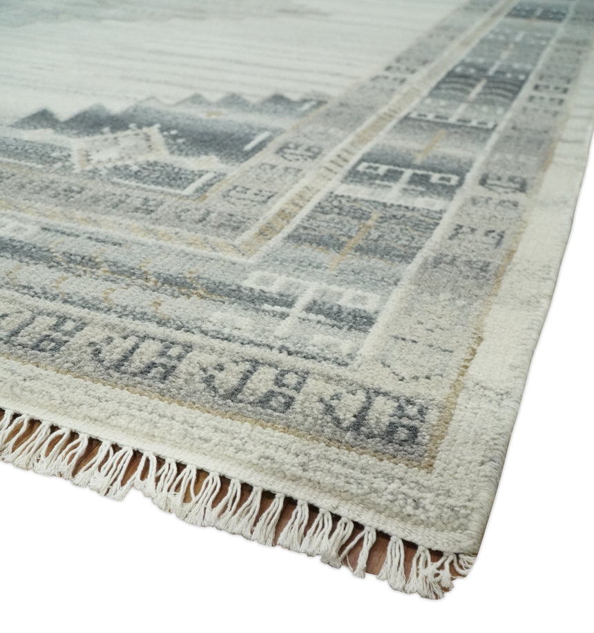 Natural Wool Hand Knotted Ivory and Gray Traditional Multi size wool Area Rug, Kids, Living Room and Bedroom Rug