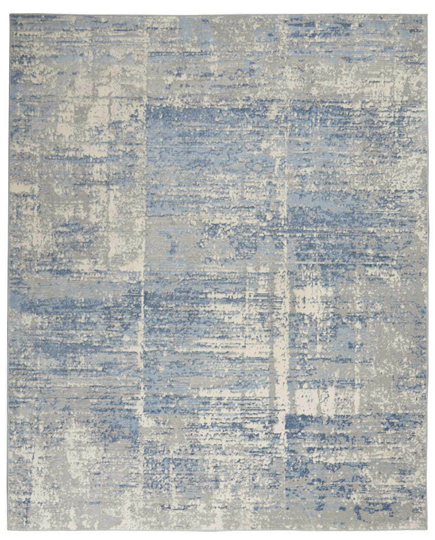 Abstract Nourison Solace Ivory Grey Blue rug. High pile, machine-made with a modern design.