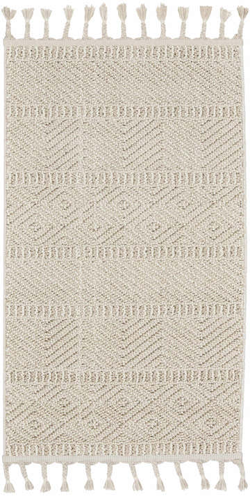 Close-up of Nourison Paxton Ivory rug, featuring a textured, geometric pattern and braided tassels. Mid-century modern style.