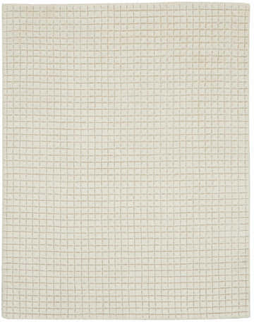 Close-up of the Calvin Klein Pretoria Ivory rug showing the handmade mohair wool texture and grid pattern.