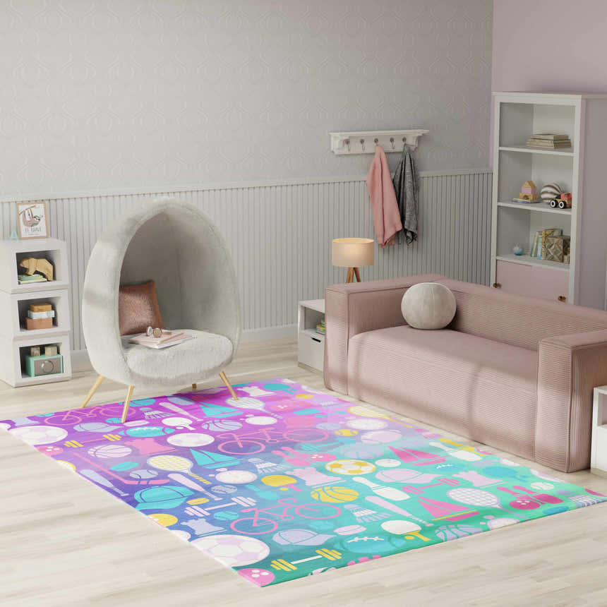 Kids room with a Nourison Imagination Purple rug featuring sports icons, egg chair, and pink sofa.