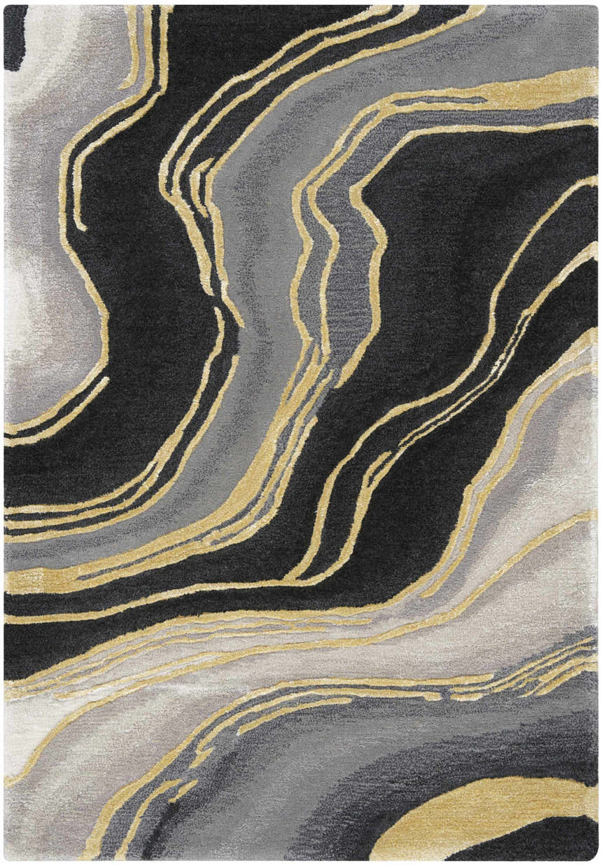 Close-up of Nourison Prismatic Charcoal Grey rug. Taupe, gray, and charcoal abstract pattern with gold accents. Handmade wool texture.