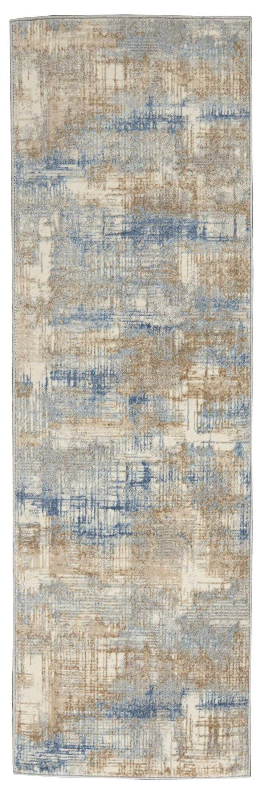 Close-up of the Calvin Klein CK950 Rush Blue Beige rug. Features a modern, abstract design with blue, beige, and ivory tones.