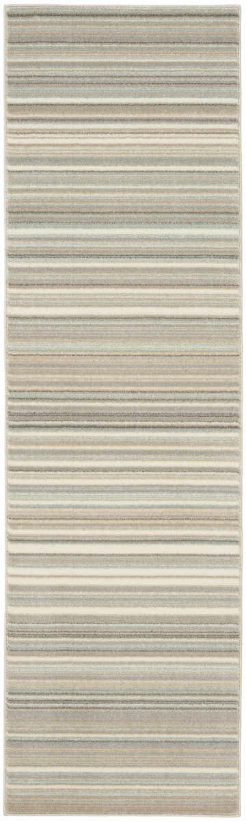 Nourison Marmara rug: close-up of striped pattern in grey, ivory, teal, and chestnut. Modern, contemporary style.