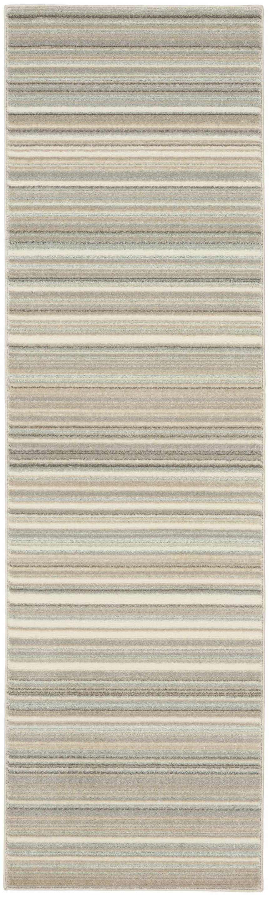 Nourison Marmara rug: close-up of striped pattern in grey, ivory, teal, and chestnut. Modern, contemporary style.