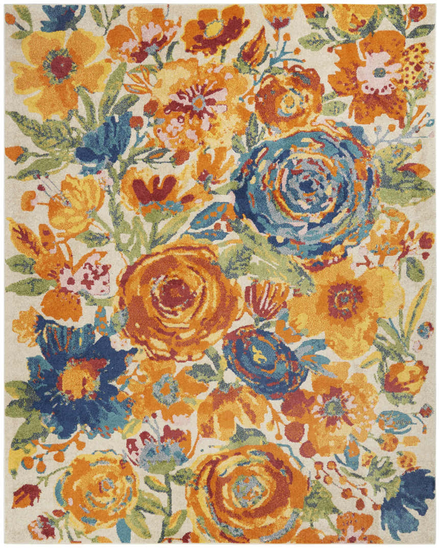 Close-up of Nourison Allur Ivory Multicolor rug with a bright floral pattern in chestnut, orange, yellow, and blue hues.
