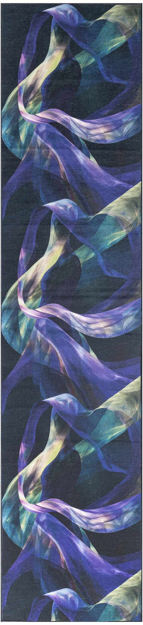 Close-up of the Nourison Blue Multicolor Modern Indoor Washable Area Rug, featuring abstract swirling blue and green patterns.