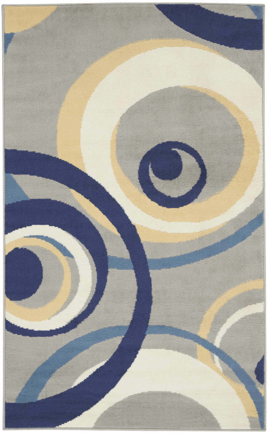 Nourison Grafix Grey rug with a mid-century modern design of overlapping blue, white, and yellow circles on a gray background.
