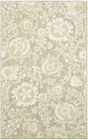 Close-up of the Nourison Aloha Ivory Sage Area Rug. Farmhouse style rug with chestnut floral pattern and pile texture.