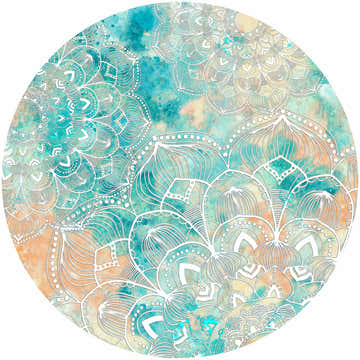 Close-up of the round Nourison Imagination Kids Rug. Features a mandala design in teal, orange, and white.