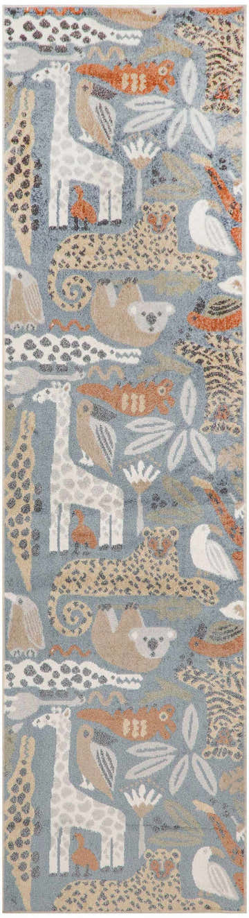 Nourison Astra Kids Rug with a fun animal pattern: giraffe, leopard, sloth, and toucan on a soft multicolor background.