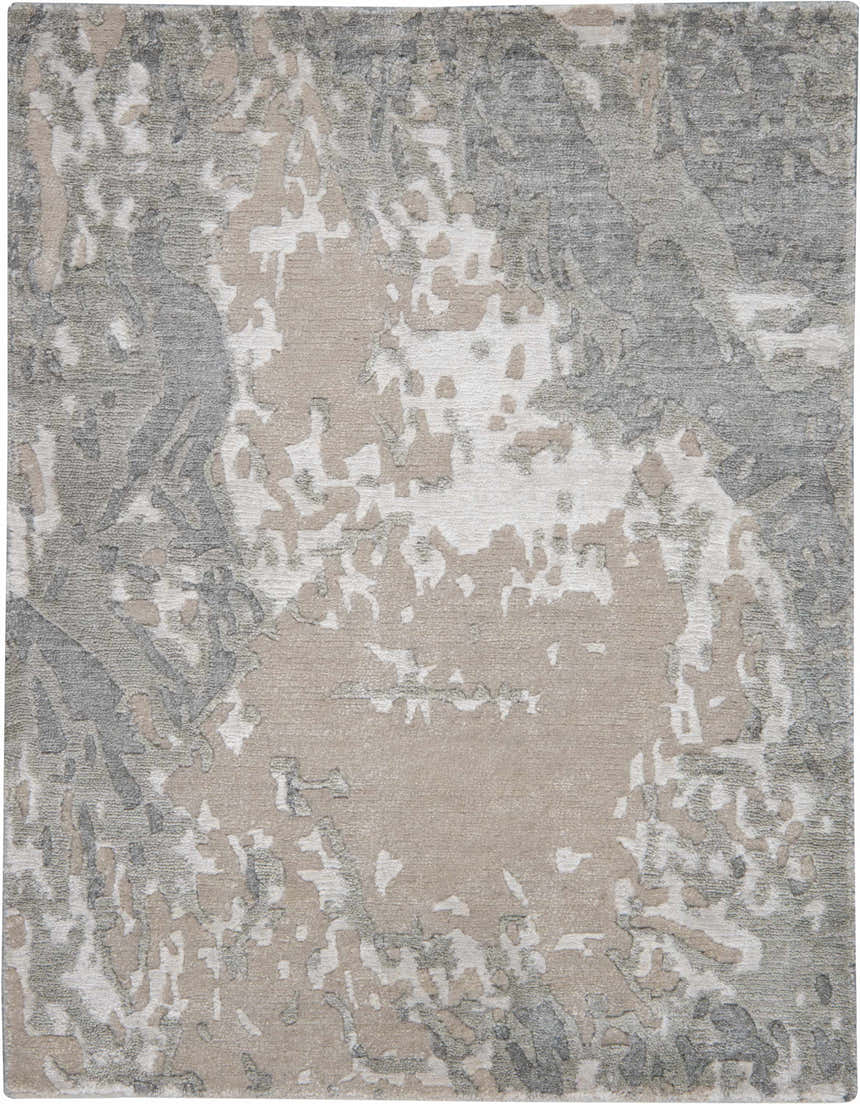 Close-up of the Nourison Silk Shadows Sand area rug. Features a sandstone, gray, and ivory abstract pattern. Handmade rug texture.