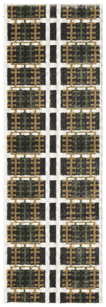 Close-up of Nourison Nordic Charcoal Multicolor rug featuring a modern taupe, black, and green geometric pattern.