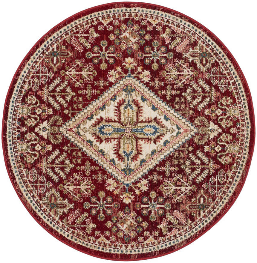 Round Nourison Karisma Brick Ivory rug. Chestnut red with ivory diamond medallion and floral accents. Farmhouse style.