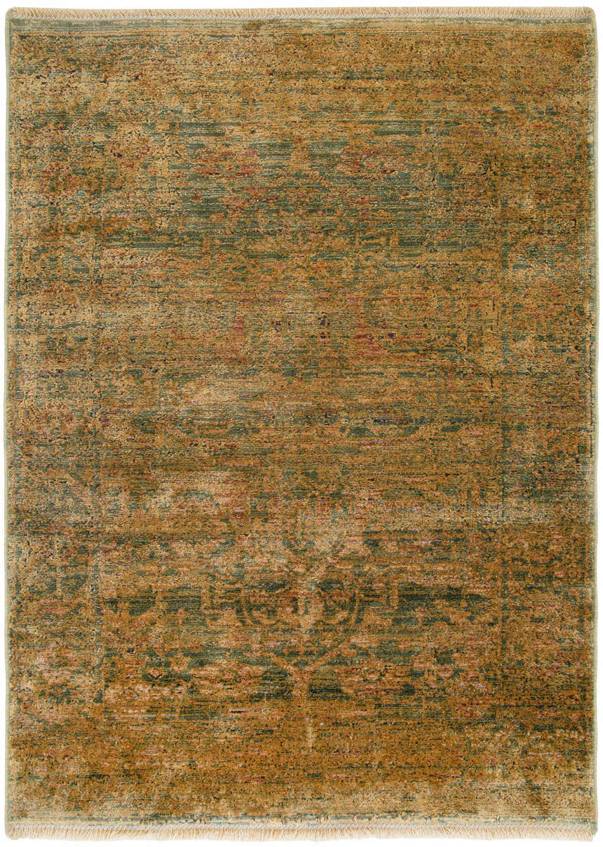 Close-up of the Nourison Luxurious Olive Vintage Indoor Area Rug. Features a distressed olive, gold, and red vintage pattern.